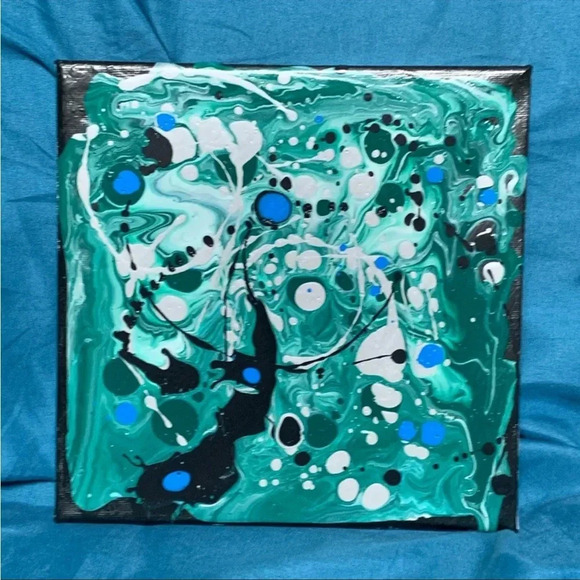 Original Paint Pour Art - 8x8 wrapped canvas with greens, blue, silver & white - Picture 7 of 11